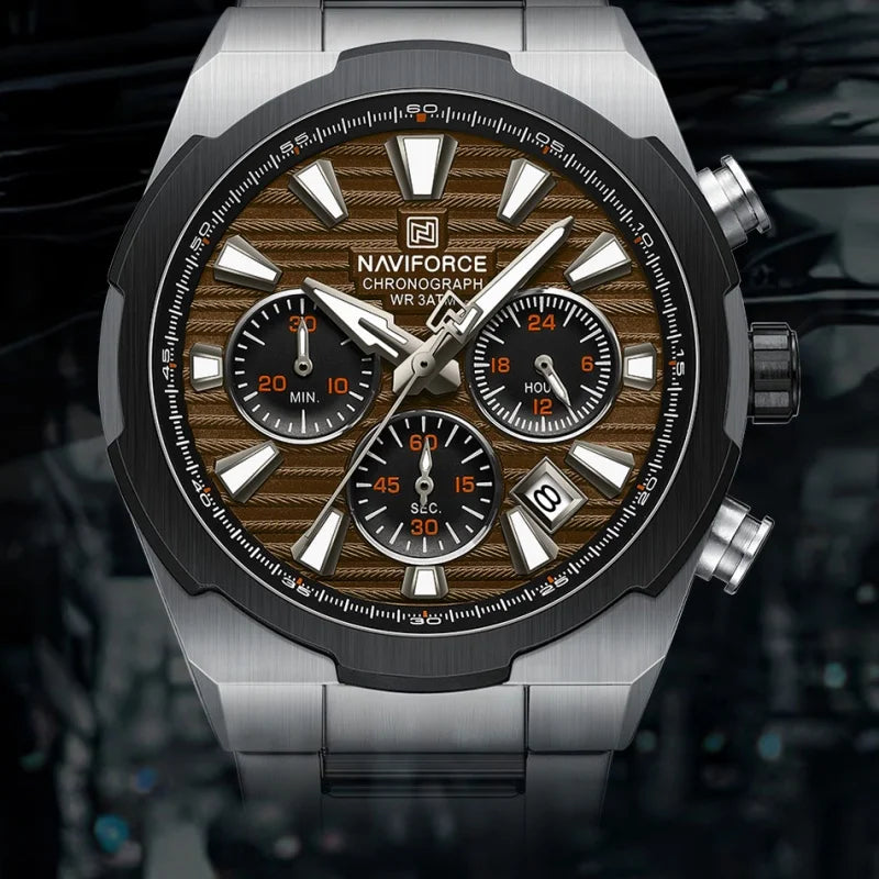 NAVIFORCE Men's Quartz Watch Multifunctional Calendar Stopwatch Luminous 30ATM Waterproof Stainless Steel Band Wristwatch