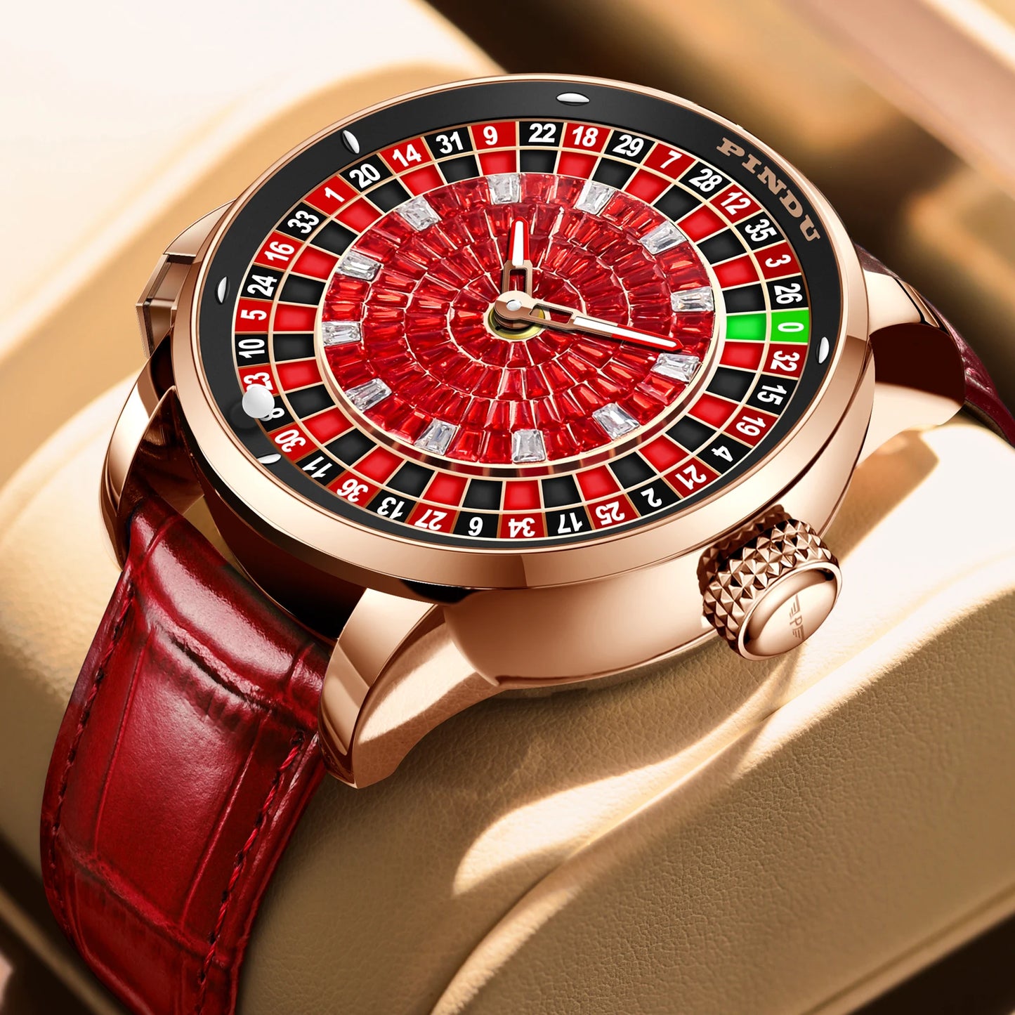NEW PINDU Design Button Rotating Red Diamond Dial Mechanical Watch Men NH35 Movement Stainless Steel Top Luxury Automatic Watch