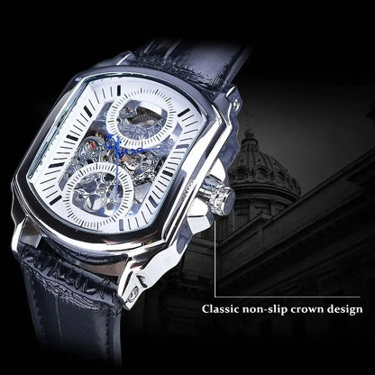 WINNER Business Mens Mechanical Watches Blue Pointers Irregular Skeleton Automatic Watch for Men Casual Leather Strap Wristwatch
