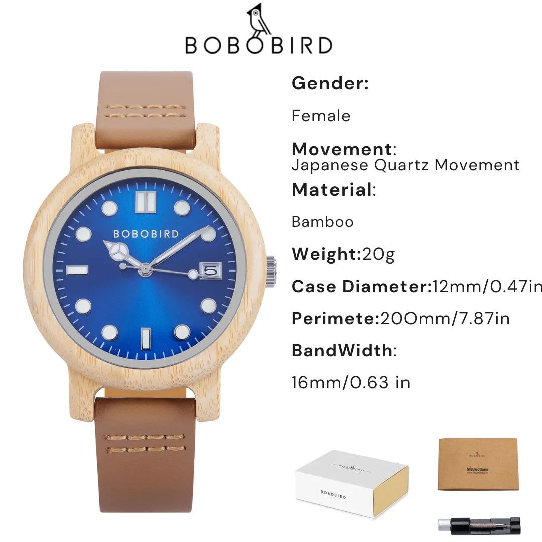 BOBO BIRD Bamboo Ladies Wristwatch for Women with Genuine Leather Strap Natural Lightweight Elegant Fashion Gift Watch for Her