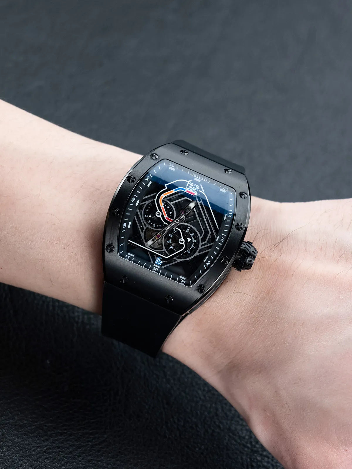 OBLVLO Men Automatic Watch 43mm Mechanical Tonneau Case Wristwatch Skeleton Racing Dial 50M Waterproof Luminous Miyota 82S7