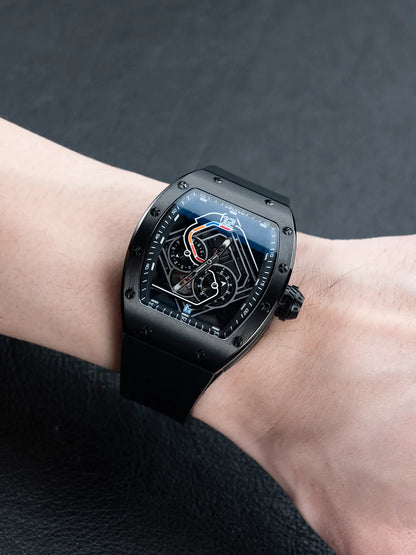 OBLVLO Men Automatic Watch 43mm Mechanical Tonneau Case Wristwatch Skeleton Racing Dial 50M Waterproof Luminous Miyota 82S7