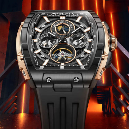 BONEST GATTI Men Automatic Watch 47 mm Tonneau Mechanical Wristwatch Waterproof Sapphire Luminous Multi-Dial Week Date 24 Hours