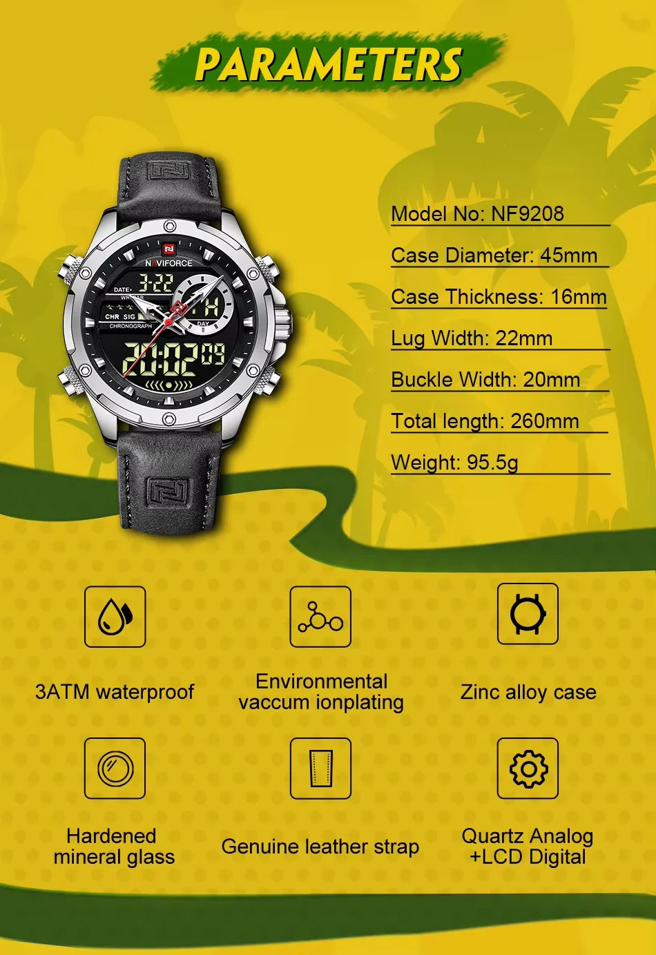 Naviforce Mens Original Watches 2025 Men Fashion Sports Waterproof Luxury Corium Strap Men Wristwatch with Calendar Dual Display