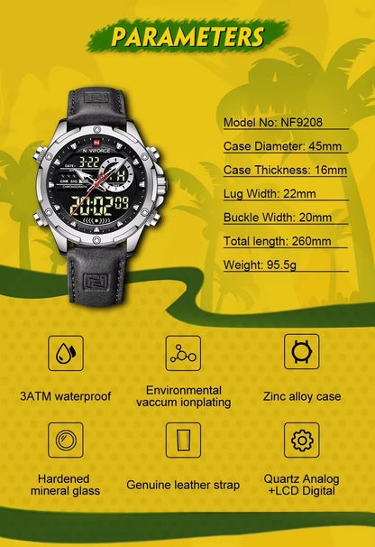 Naviforce Mens Original Watches 2025 Men Fashion Sports Waterproof Luxury Corium Strap Men Wristwatch with Calendar Dual Display