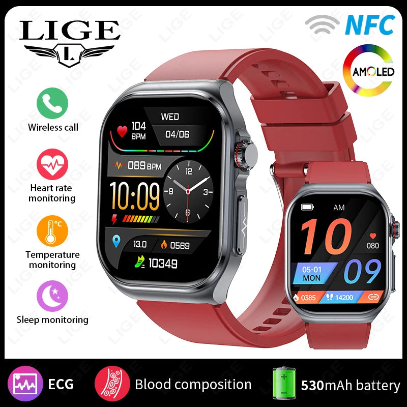 LIGE AMOLED Smart Watch ET585 Men ECG Blood Compositoin Health Monitoring Bluetooth Call Women Sports Fitness Tracker Smartwatch