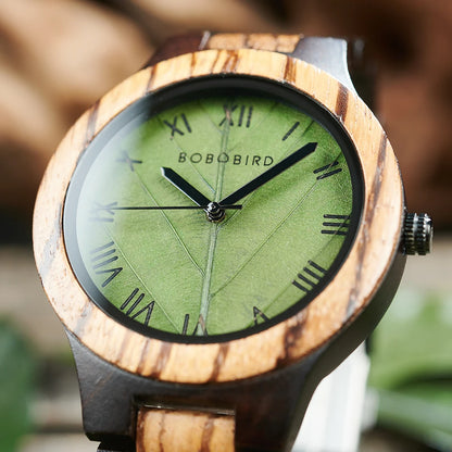 BOBO BIRD Men's Wood Watch with Genuine Leaf, Original Wooden Clock, Wooden Watch, Handmade Watch, Anniversary Gift for Man