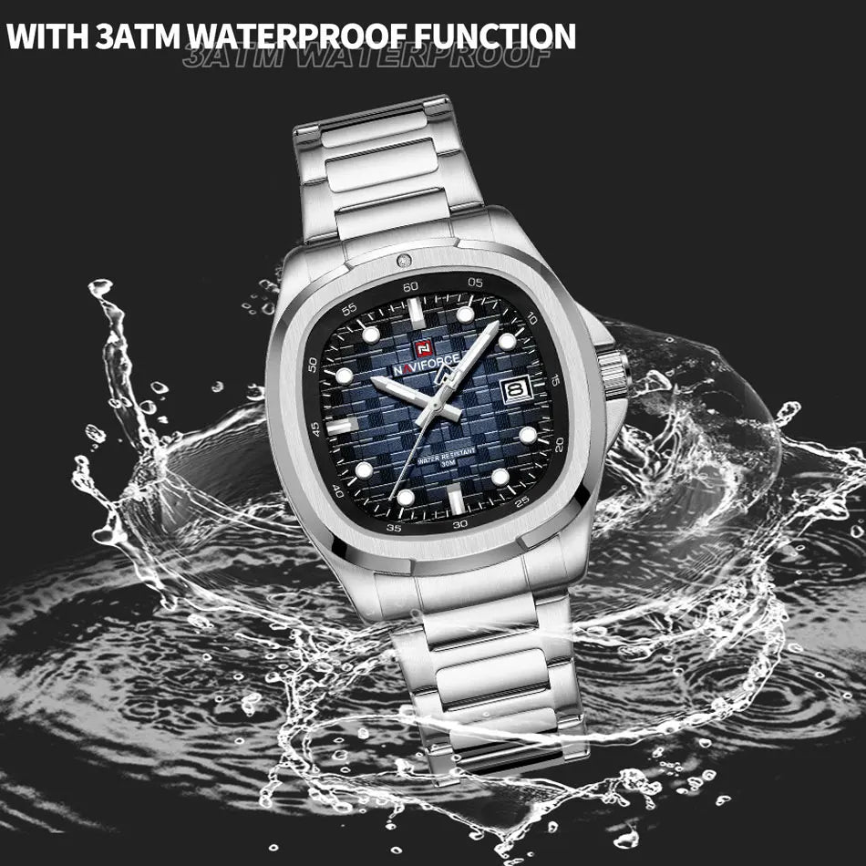 NAVIFORCE Fashion Men's Business Quartz Watch Stainless Steel Luminous Calendar Clock Male Square Dial Sports Wristwatch
