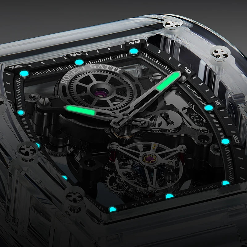 ChronoState BONEST GATTI Tourbillon – Automatic Crystal Skeleton Watch | Sapphire Luminous Rubber Strap Timepiece