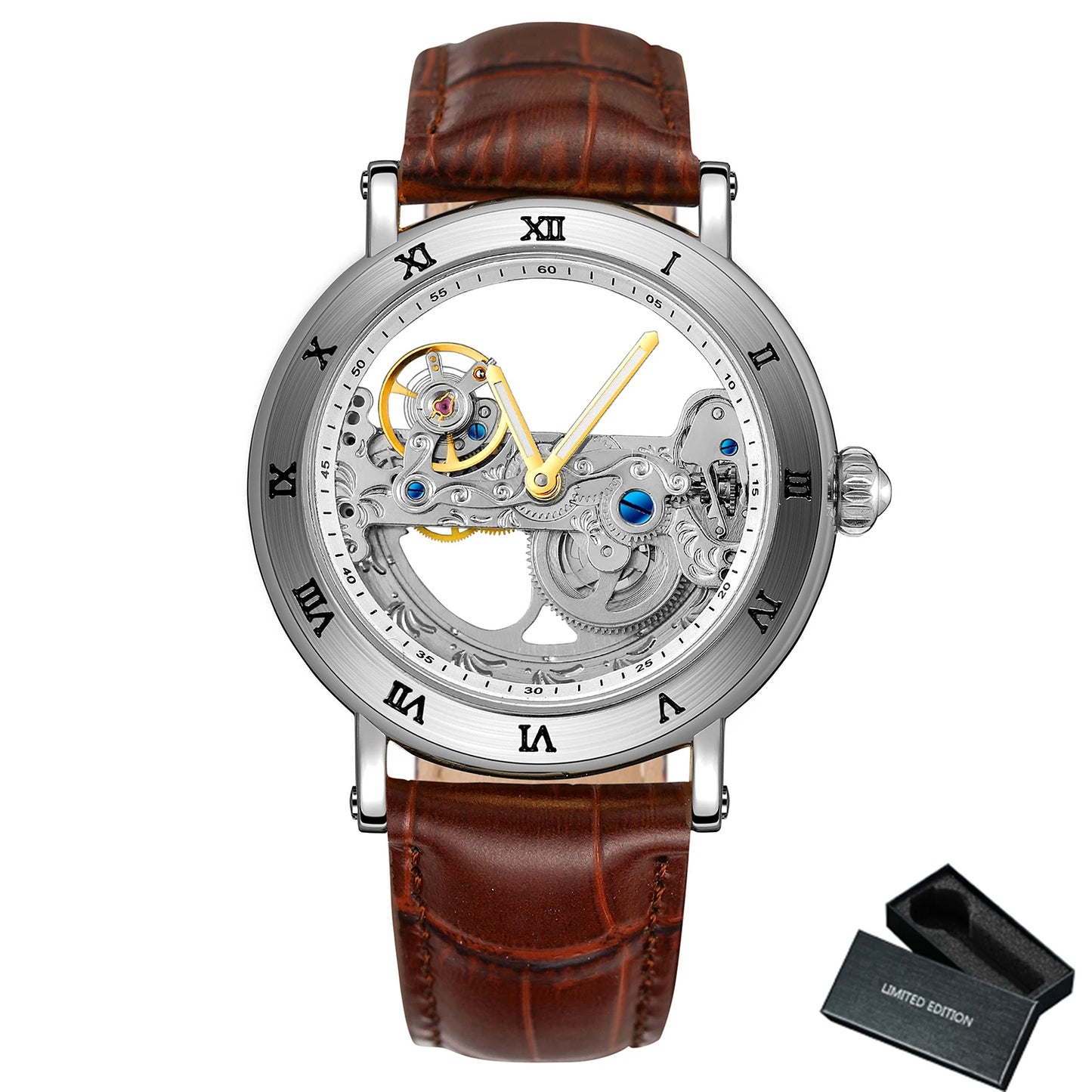 Forsining Luxury Skeleton Automatic Mechanical Watch for Men Golden Bridge Dial Steel Leather Strap Business Mens Watches Gifts