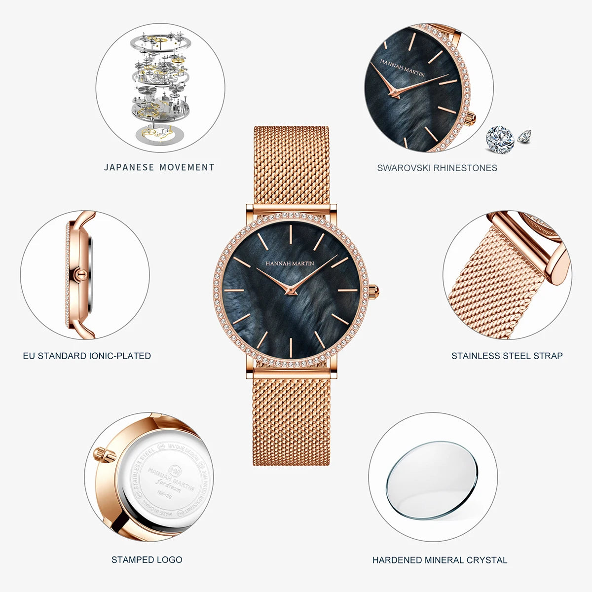 Hannah Martin Luxury Water Diamond Rose Gold  Quartz Watch