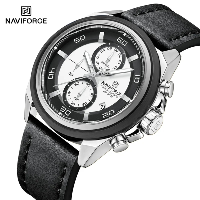 NAVIFROCE Business Casual Mens Watch 3ATM Water-Resistant Calendar Luminous Dial With Leather Strap For Gifts Original Design