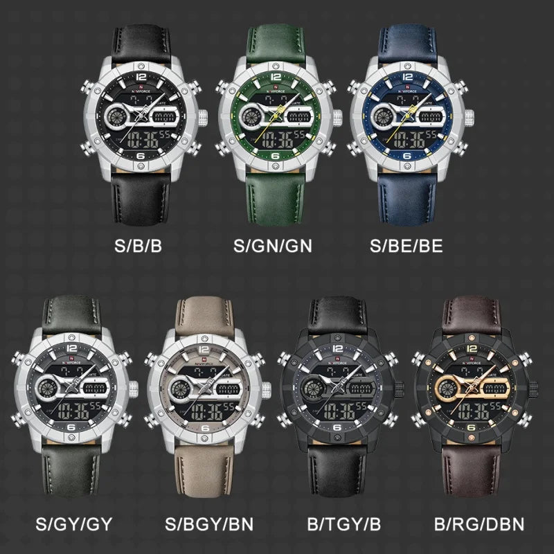 NAVIFORCE NF9263 Waterproof Watch Luminous Display Genuine Leather Strap Multi-Function Chronograph Countdown Timer Alarm NF9263