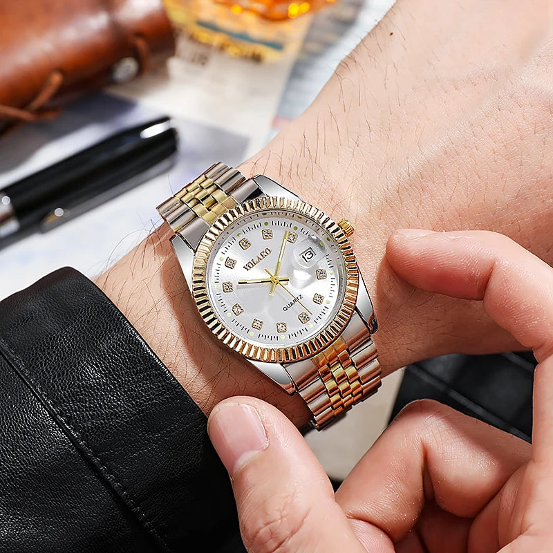 Luxury Rhinestone Men Business Watches Fashion Women Quartz Watch with Calendar Clock Gift（Without Box）