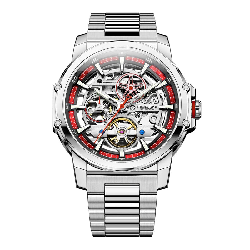 ABORNI 9039 Unique Design Skeleton Dial Tourbillon Men Watch Stainless Steel Waterproof Luxury Automatic Mechanical Men's Watch