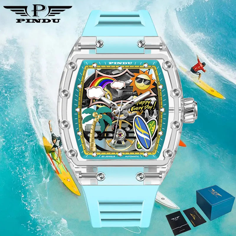 PINDU Watch Unique Dial Design Style Men Mechanical Watch Summer Beach Fashion Watch Glowing Waterproof Resin Automatic Watches