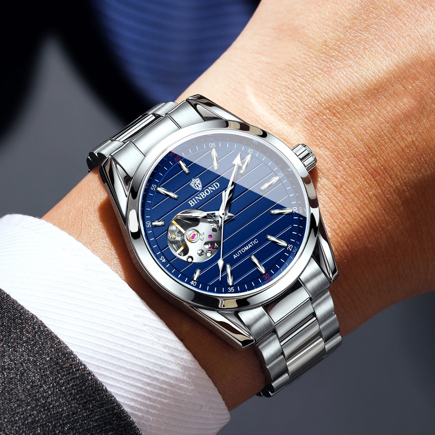 BINBOND Luxury mechanical wristwatches for men luminous waterproof automatic tourbillon men's watch vintage skeleton reloj