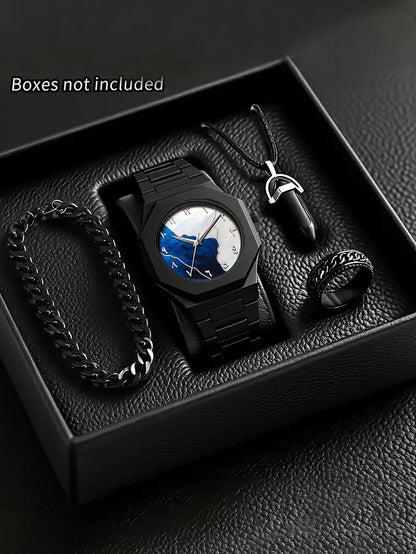 Men's Quartz Watch Bracelet Necklace Ring Set Plastic Strap Suitable for Daily Wear Festival Gifts Box Not Included