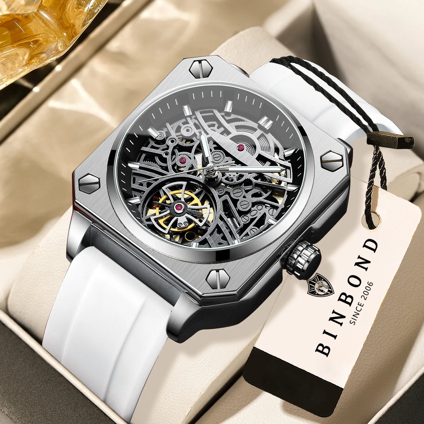 BINBOND mechanical wristwatches for men luxury luminous waterproof automatic accurate tourbillon men's watch skeleton reloj