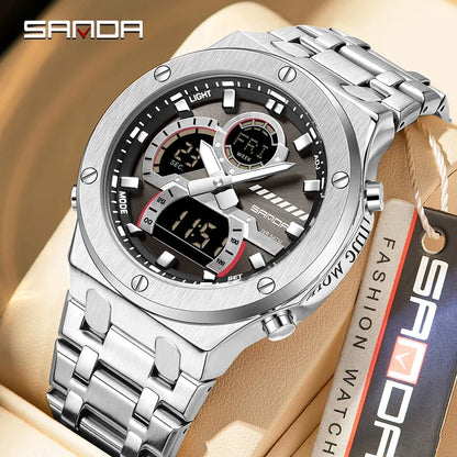 SANDA Fashion Men's Quartz Watch Multifunction Chronograph LED Display Wristwatch Waterproof Stainless Steel Men's Digital Clock
