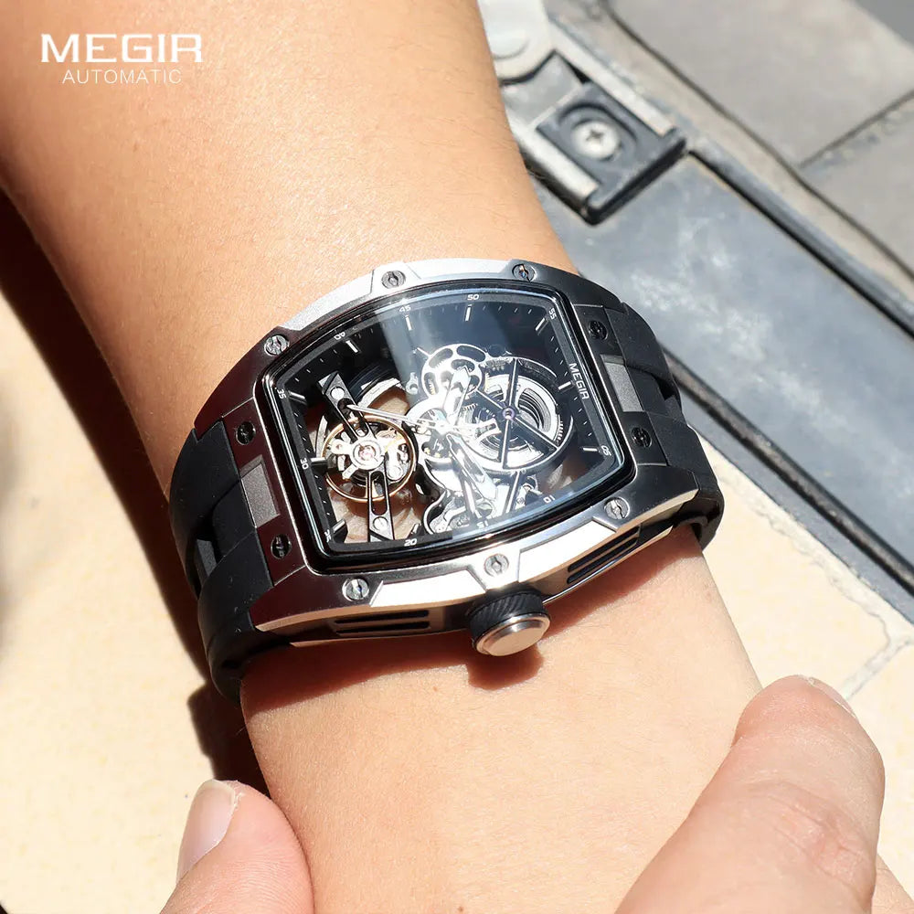 MEGIR Men Wristwatch Fashion Black Waterproof Automatic Mechanical Watch with Luminous Hands Silicone Strap Tonneau Dial 2242