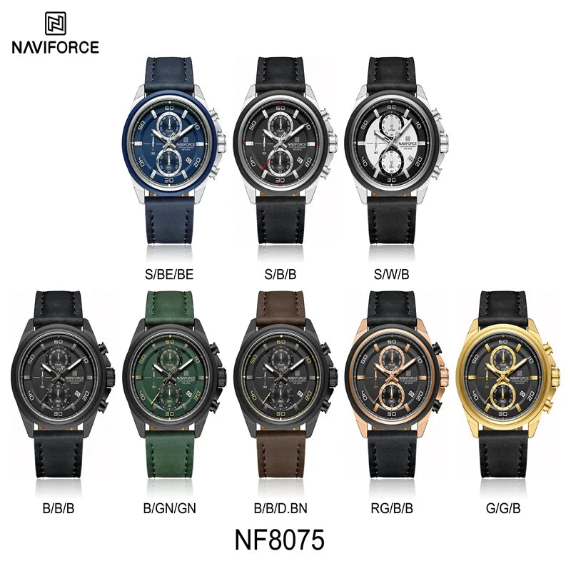 NAVIFROCE Business Casual Mens Watch 3ATM Water-Resistant Calendar Luminous Dial With Leather Strap For Gifts Original Design