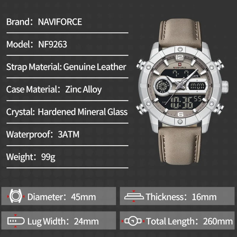 NAVIFORCE NF9263 Waterproof Watch Luminous Display Genuine Leather Strap Multi-Function Chronograph Countdown Timer Alarm NF9263