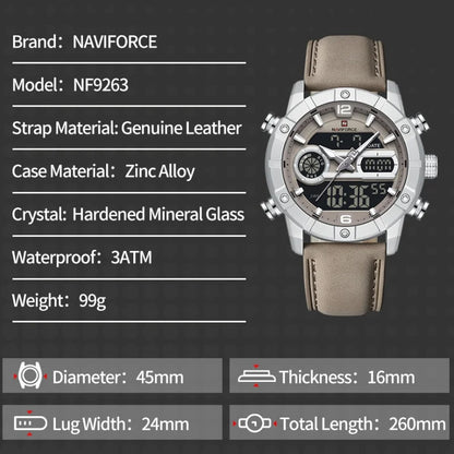 NAVIFORCE NF9263 Waterproof Watch Luminous Display Genuine Leather Strap Multi-Function Chronograph Countdown Timer Alarm NF9263
