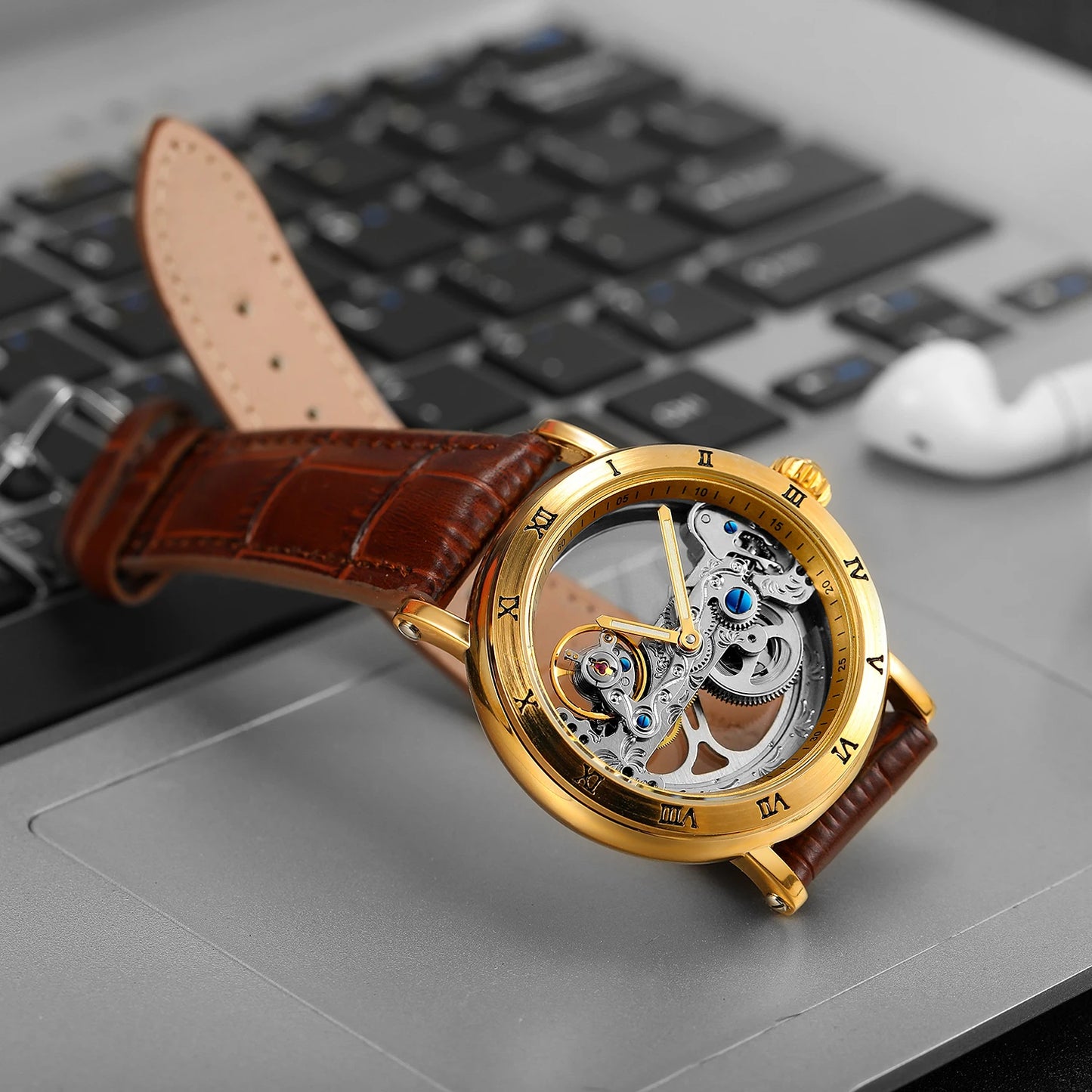 Forsining Luxury Skeleton Automatic Mechanical Watch for Men Golden Bridge Dial Steel Leather Strap Business Mens Watches Gifts