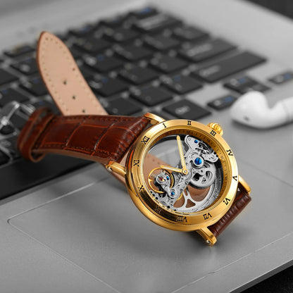 Forsining Luxury Skeleton Automatic Mechanical Watch for Men Golden Bridge Dial Steel Leather Strap Business Mens Watches Gifts