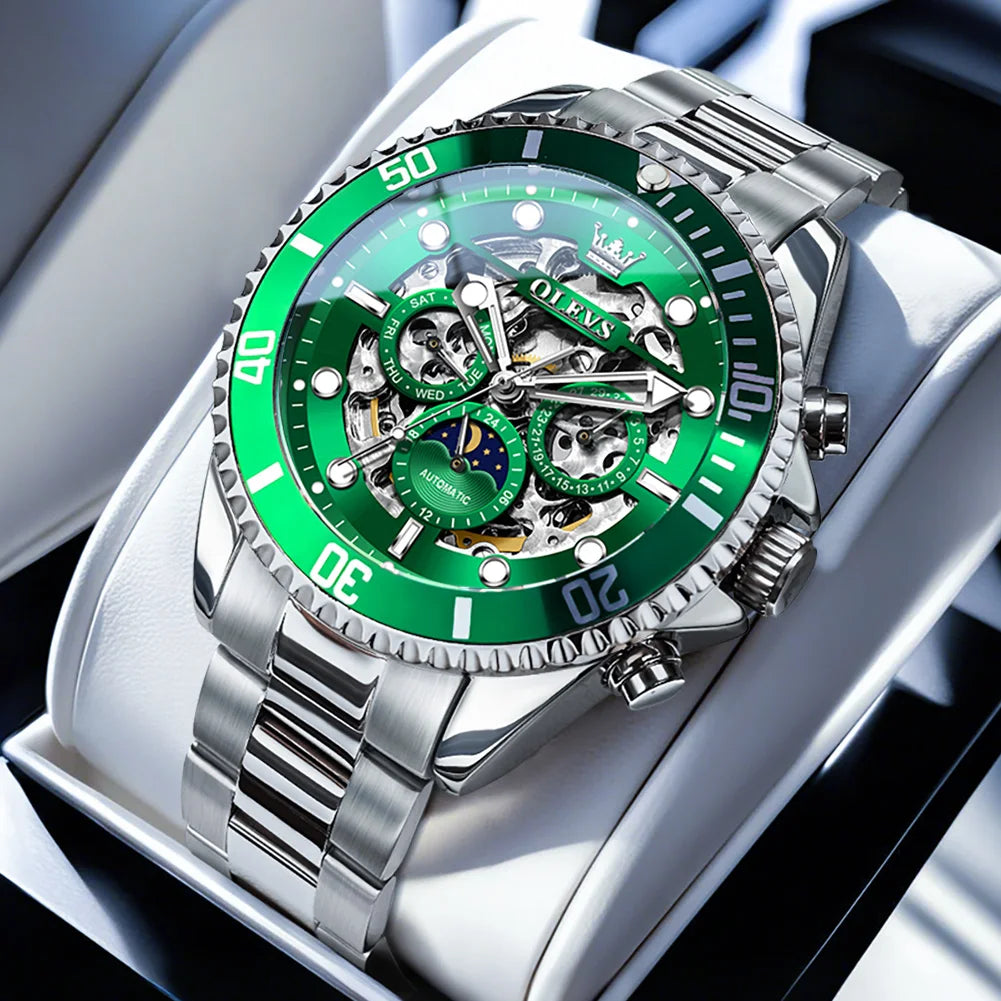 OLEVS 6715 Men's Watch Hollow Date Automatic Mechanical Watch For Men 43mm Big Dial Moon Phase Fashion Waterproof Man Wristwatch