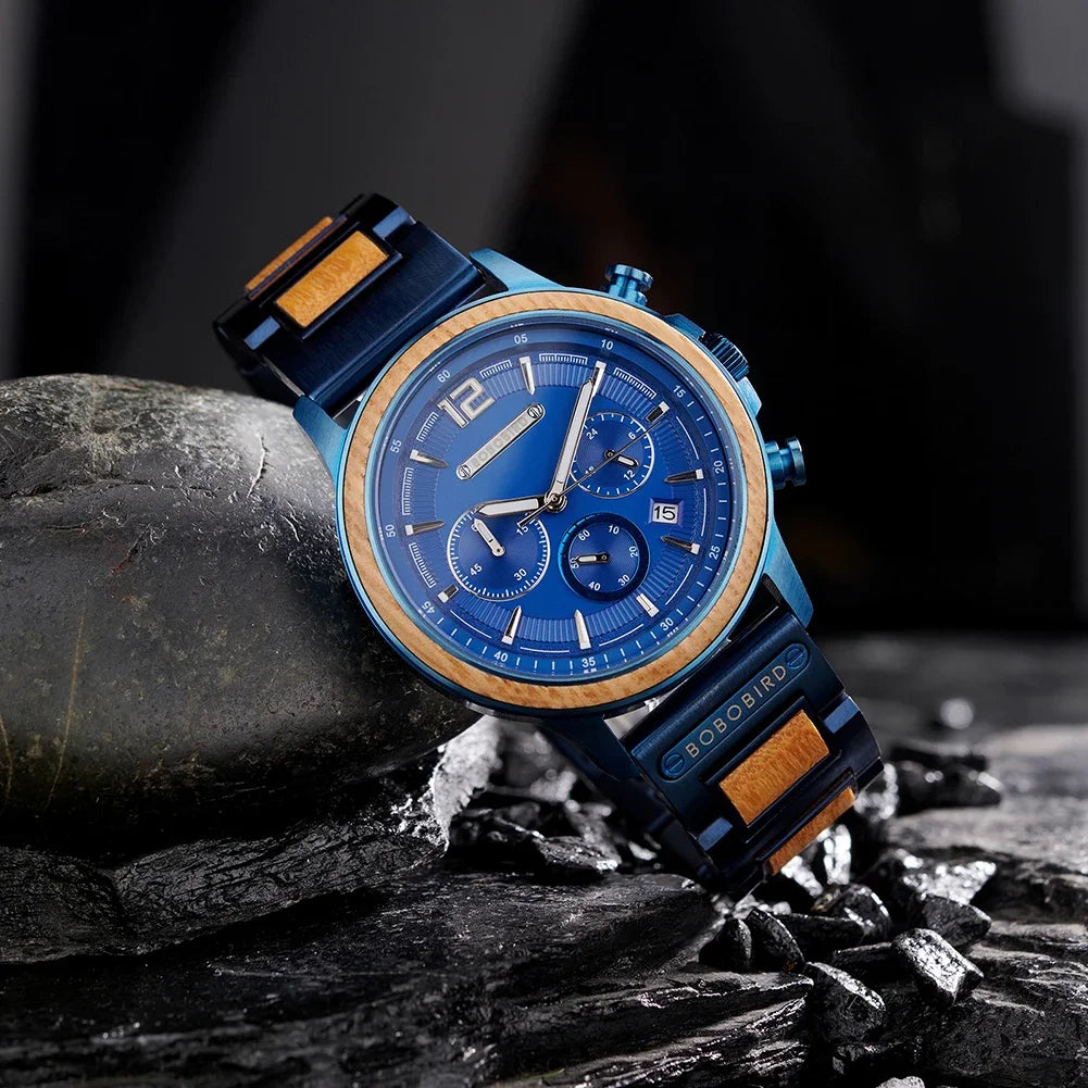 BOBOBIRD High Quality Men's Wood Watch Quartz Chronograph with Date Stainless Steel Wristwatch Gift for Him Support Dropshipping