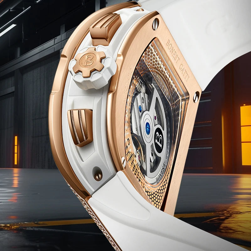BONEST GATTI Automatic Watch Tonneau Mechanical Wristwatch Diamond Bezel Rubber Strap Watches For Men