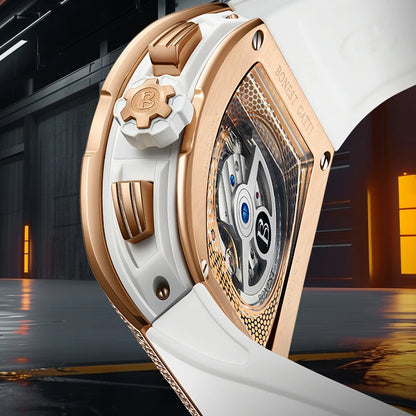 BONEST GATTI Automatic Watch Tonneau Mechanical Wristwatch Diamond Bezel Rubber Strap Watches For Men