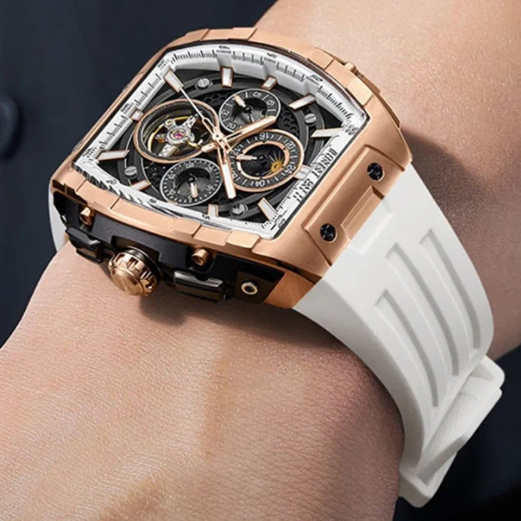 BONEST GATTI Men Automatic Watch 47 mm Tonneau Mechanical Wristwatch Waterproof Sapphire Luminous Multi-Dial Week Date 24 Hours