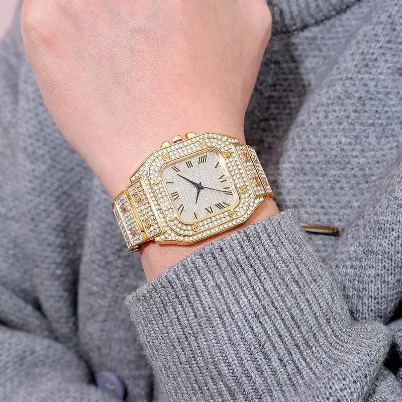 Brand Luxury Men's Watches Stylish Alloy Strap Hip Hop Diamond Gold Date Quartz Watch Montre Homme