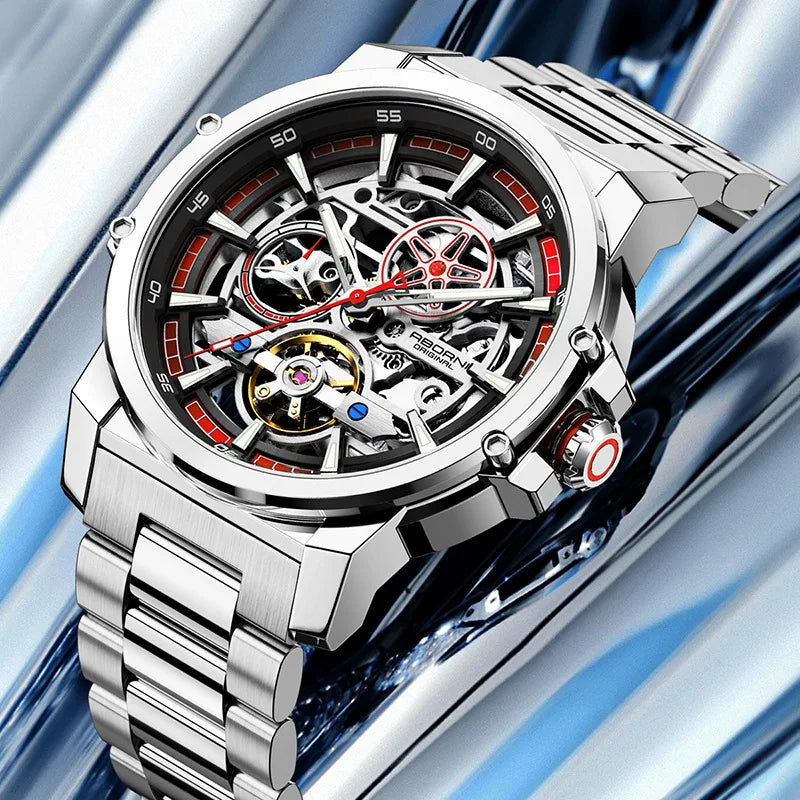 ABORNI 9039 Unique Design Skeleton Dial Tourbillon Men Watch Stainless Steel Waterproof Luxury Automatic Mechanical Men's Watch