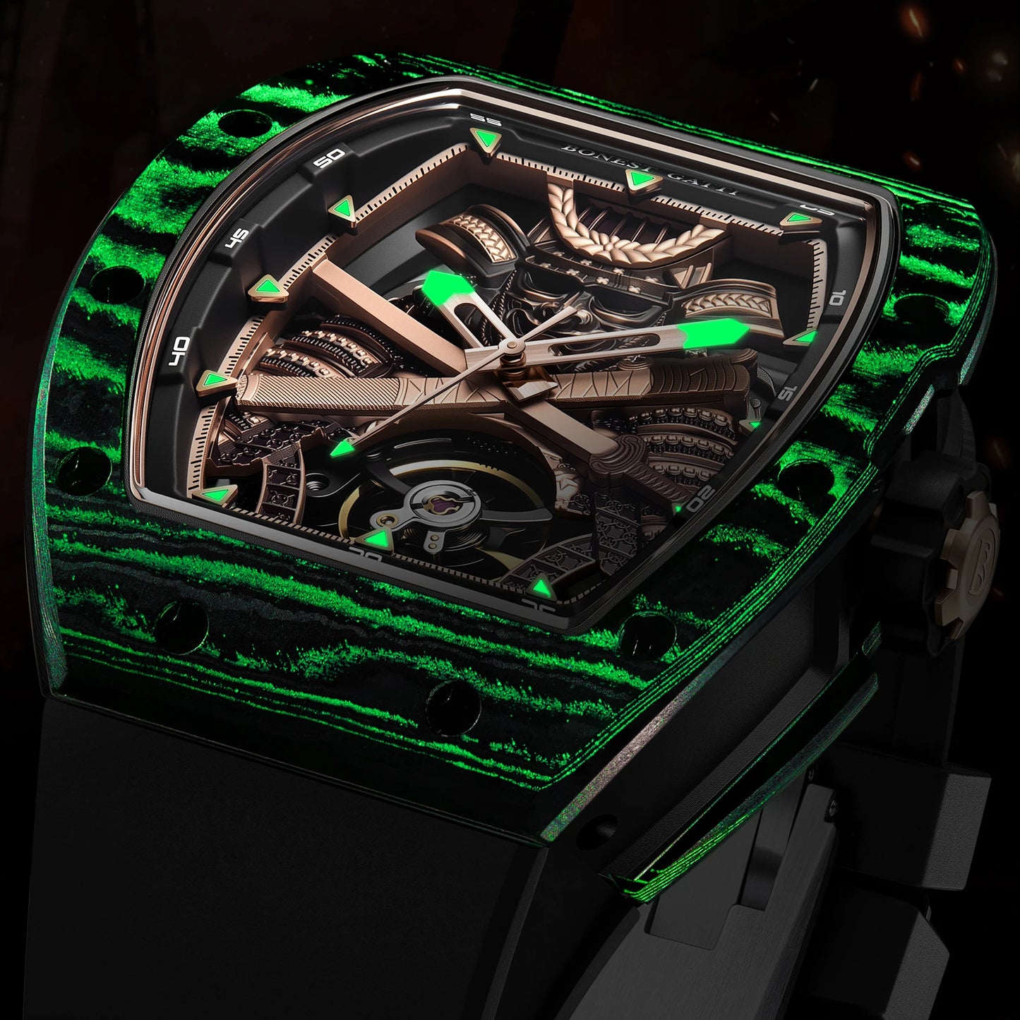 BONEST GATTI Men Automatic Watch 42*54mm Tonneau Carbon Fiber Mechanical Wristwatch Luminous Ninja Dial Sapphire Mirror