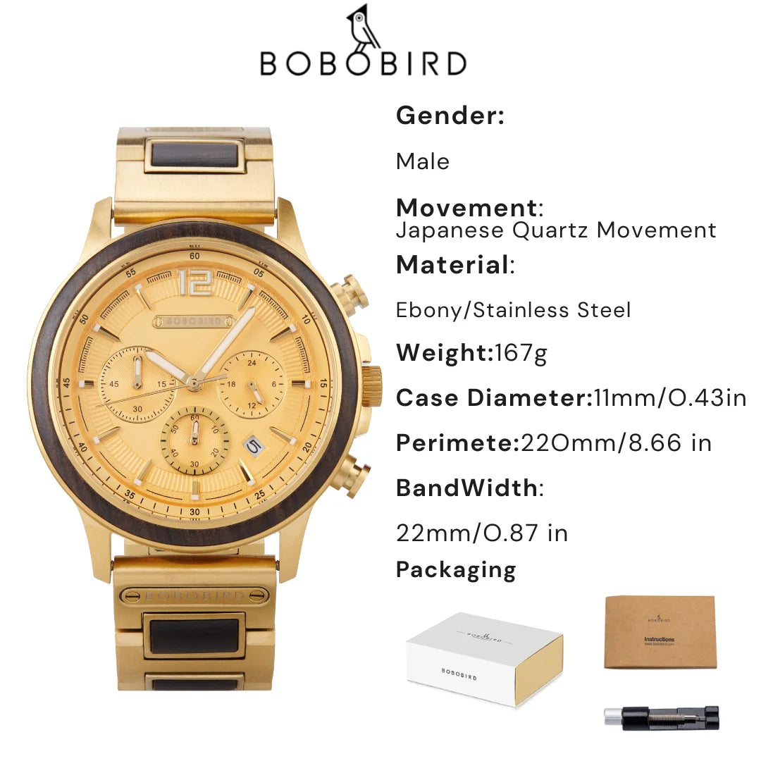 BOBOBIRD High Quality Men's Wood Watch Quartz Chronograph with Date Stainless Steel Wristwatch Gift for Him Support Dropshipping