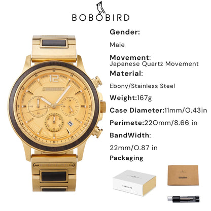 BOBOBIRD High Quality Men's Wood Watch Quartz Chronograph with Date Stainless Steel Wristwatch Gift for Him Support Dropshipping
