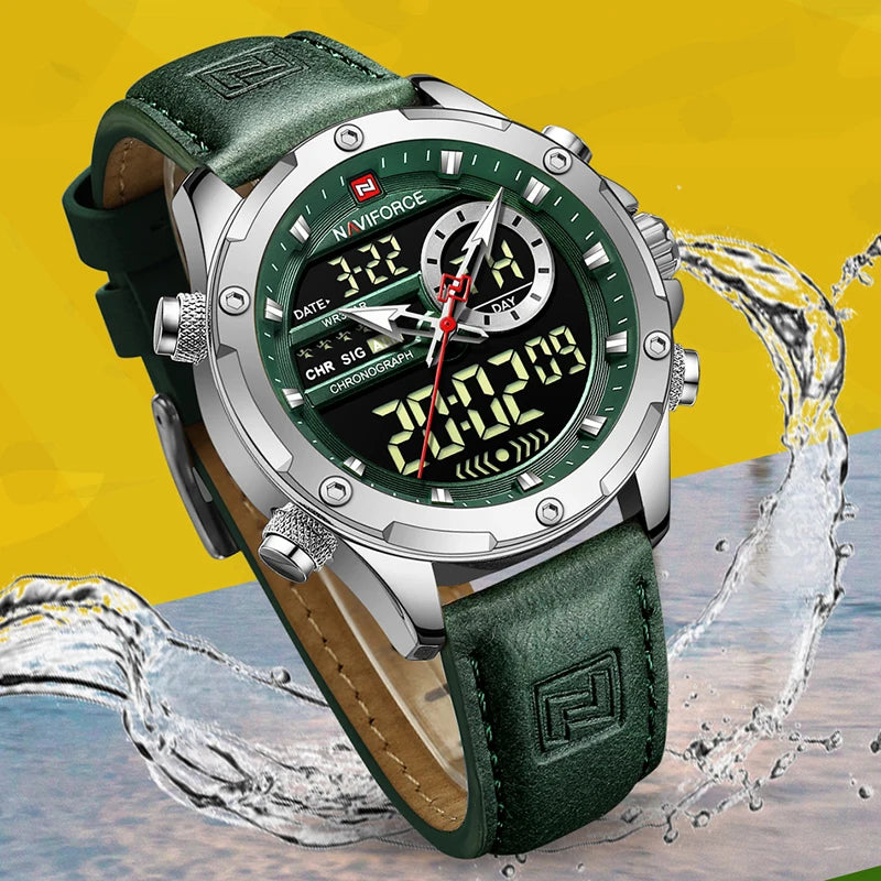 NAVIFORCE Fashion Watches male Casual Genuine Leather Wristwatch Military Waterproof Digital Chronograph Quartz Man Alarm Clocks