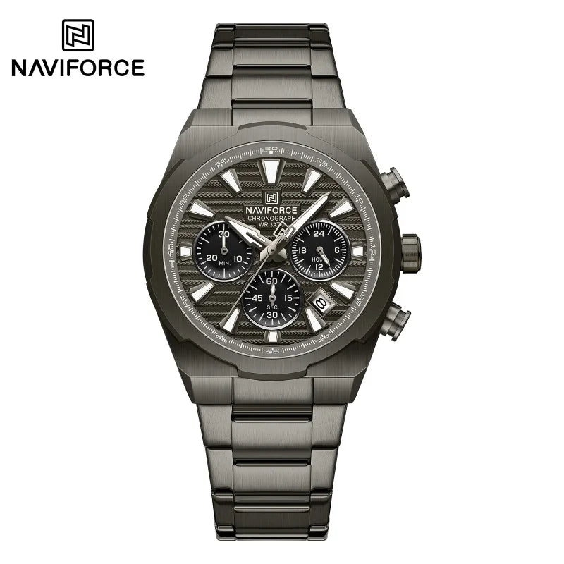 NAVIFORCE Men's Quartz Watch Multifunctional Calendar Stopwatch Luminous 30ATM Waterproof Stainless Steel Band Wristwatch