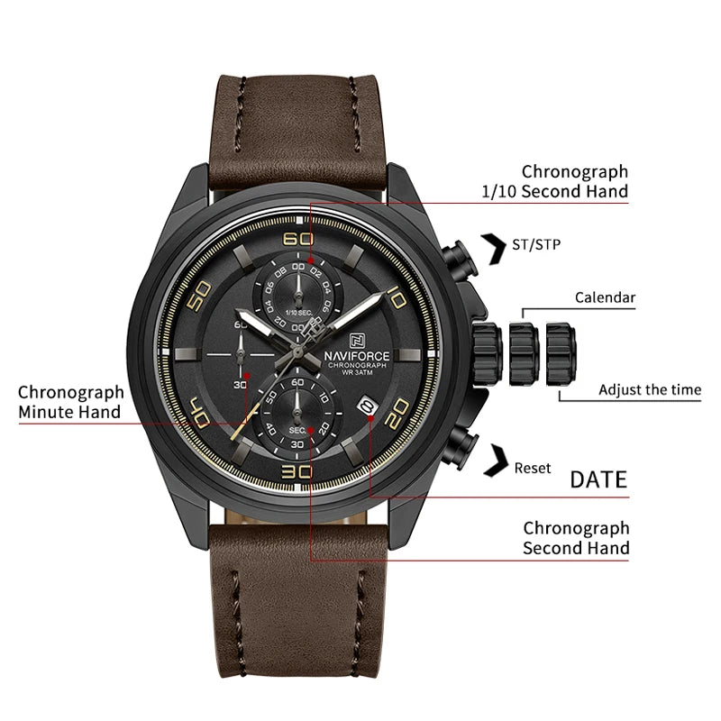 NAVIFROCE Business Casual Mens Watch 3ATM Water-Resistant Calendar Luminous Dial With Leather Strap For Gifts Original Design