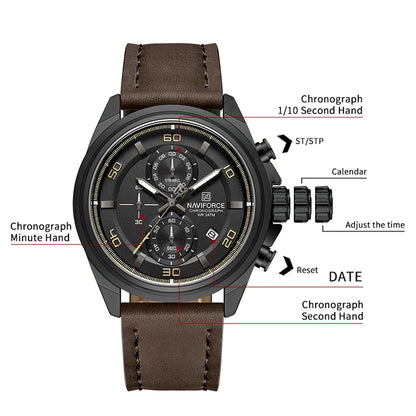 NAVIFROCE Business Casual Mens Watch 3ATM Water-Resistant Calendar Luminous Dial With Leather Strap For Gifts Original Design