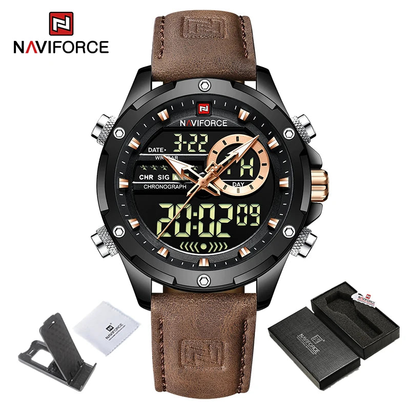 NAVIFORCE New Men Watches Business Genuine Leather Quartz Chronograph Luxury Brand Luminous Wristwatch Analog Digital Male Clock
