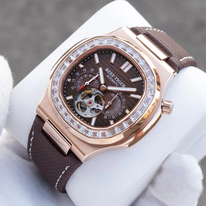 Reef Tiger Men Automatic Watch Luxury 44mm Square Mechanical Wristwatch Sapphire Luminous Skeleton Dial Date 24 Hours