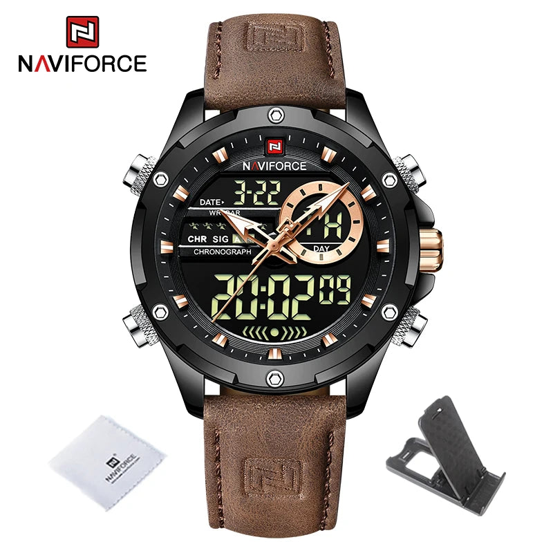 NAVIFORCE Classic Brand Man Genuine Leather Waterproof Wrist Watch Sports Casual Male Quartz Digital Military Chronograph Clocks