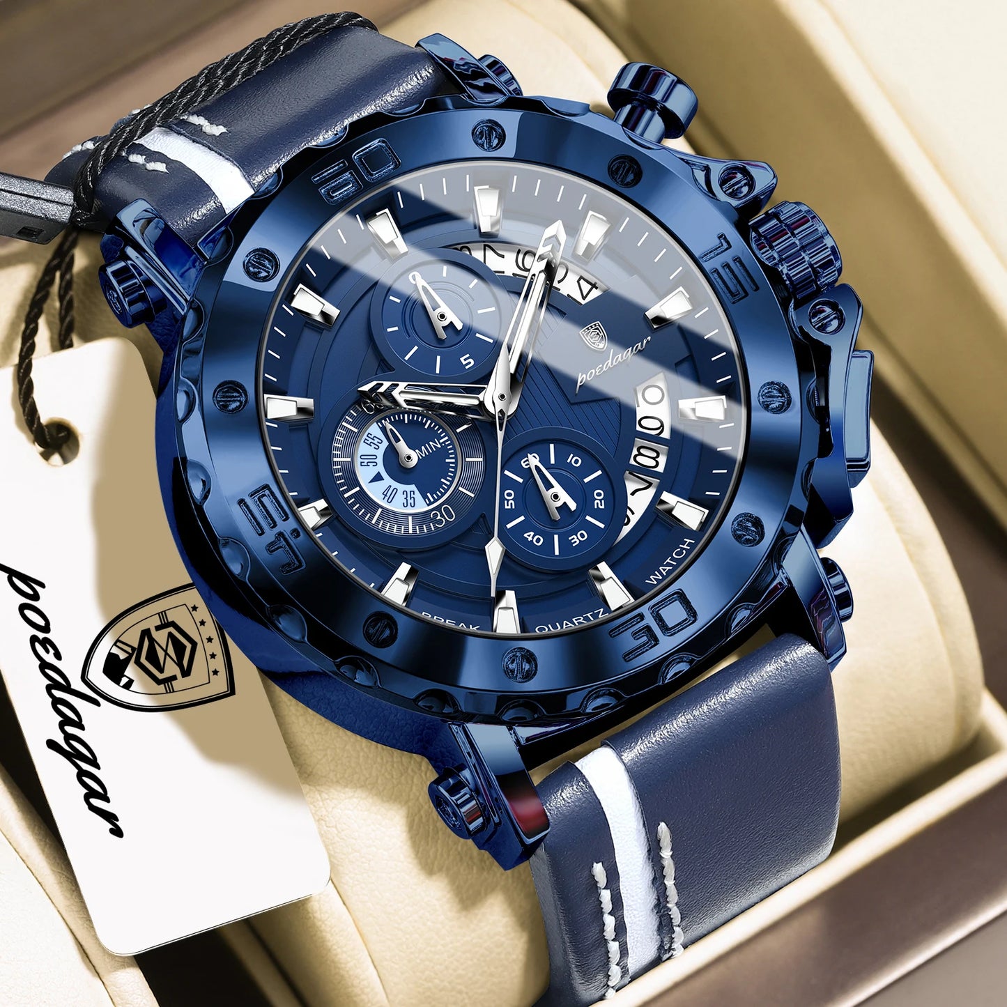 POEDAGAR Original Watches For Man Waterproof Luminous Date Fashion Male Clock Chronograph Leather Quartz Sports Men's Wristwatch