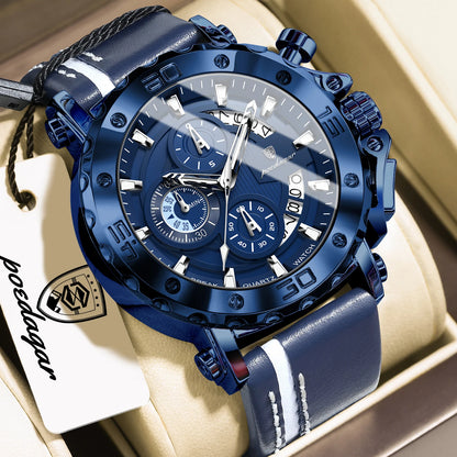 POEDAGAR Original Watches For Man Waterproof Luminous Date Fashion Male Clock Chronograph Leather Quartz Sports Men's Wristwatch