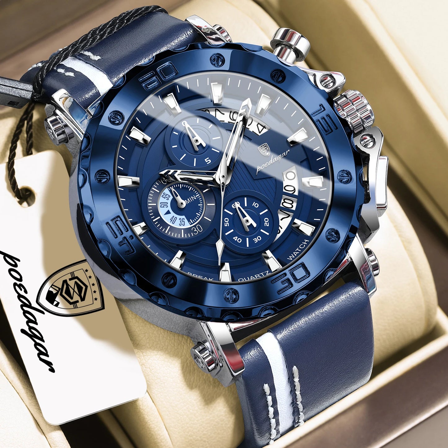 POEDAGAR Original Watches For Man Waterproof Luminous Date Fashion Male Clock Chronograph Leather Quartz Sports Men's Wristwatch